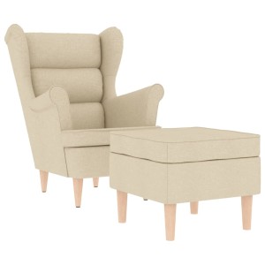 Cremefarbener Loungesessel mit Fußhocker, Stoffbezug und Holzfüßen.