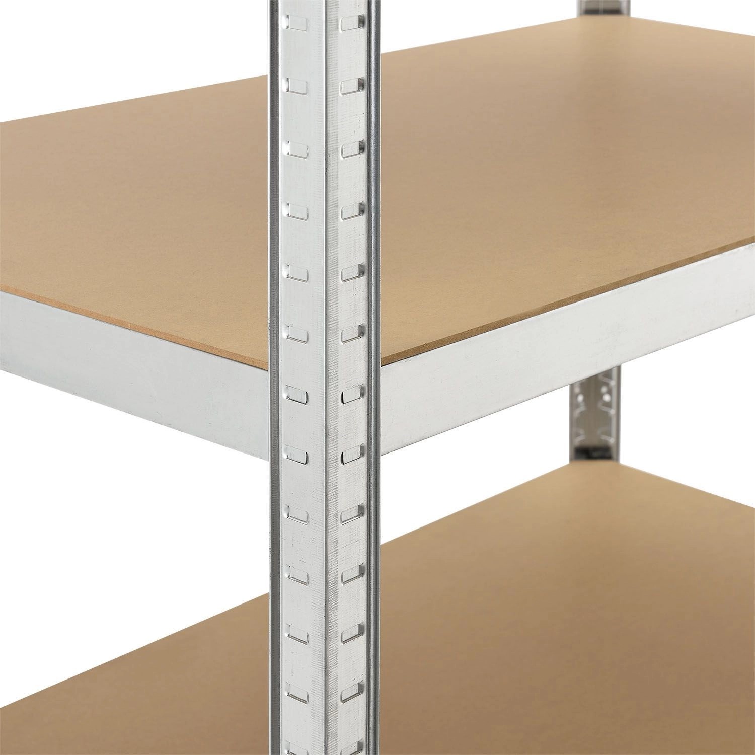 Detailansicht: Juskys Lagerregal Basic mit verzinktem Metallrahmen und braunen MDF-Einlegeböden.