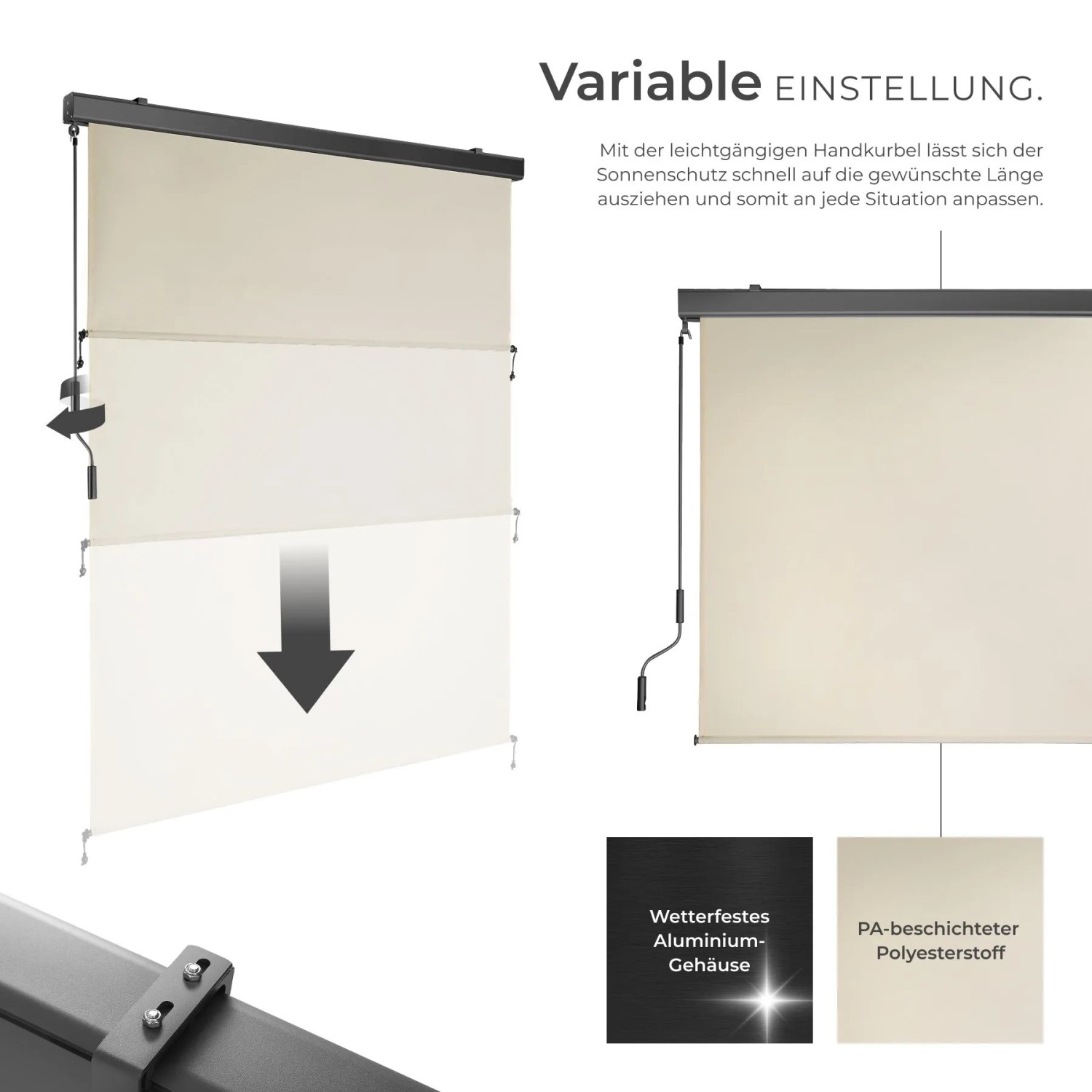 Beige Senkrechtmarkise Eloise 140x250cm mit Kurbelmechanismus, ausgefahren. Sonnenschutz aus Polyesterstoff, Aluminiumgehäuse.