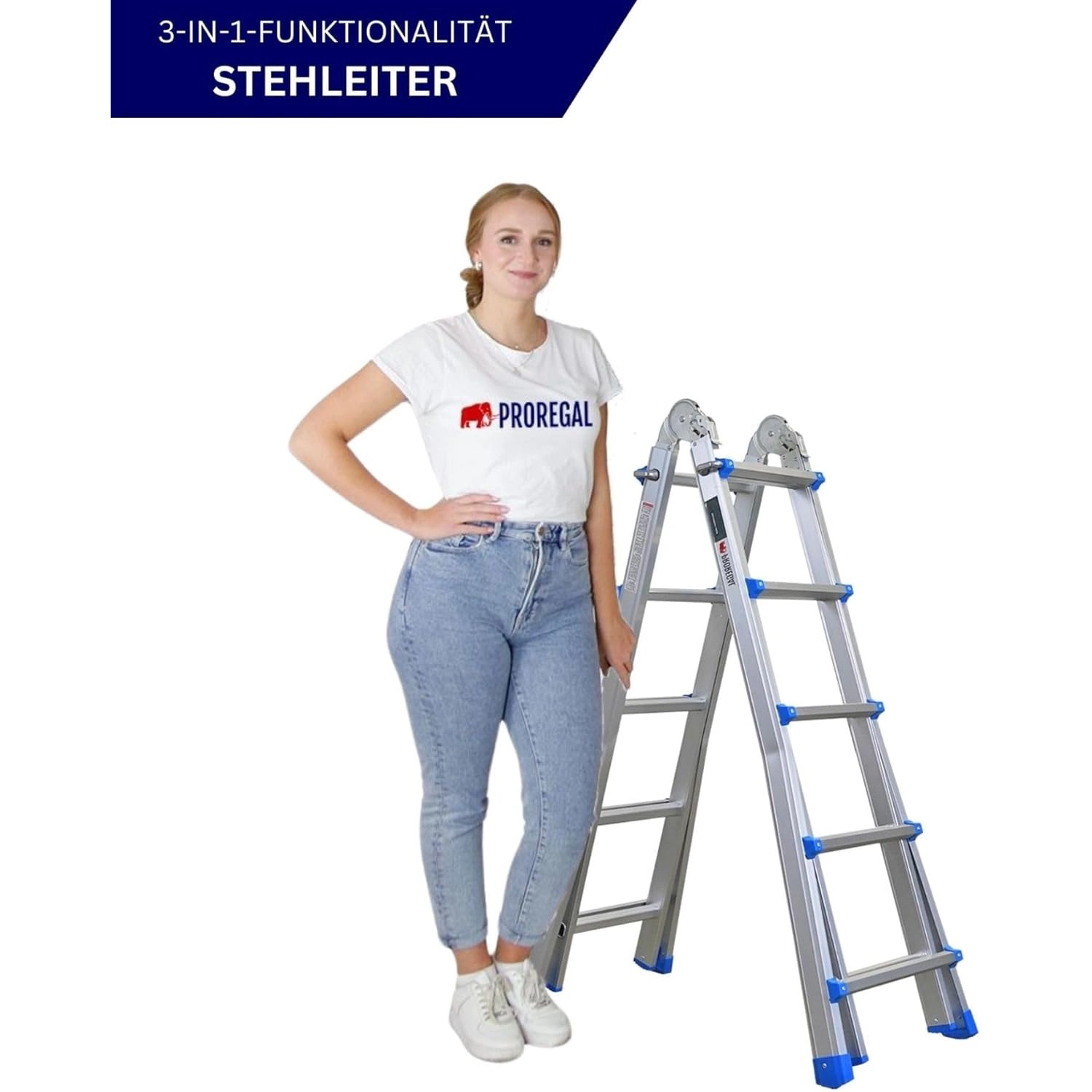 PROREGAL Sprossen-Mehrzweckleiter APOLLO 3-In-1 Aluminiumleiter 4x5 Sprossen Bis Zu 5 M Höhe 150 kg Traglast Silber Klappleiter Stehleiter_9