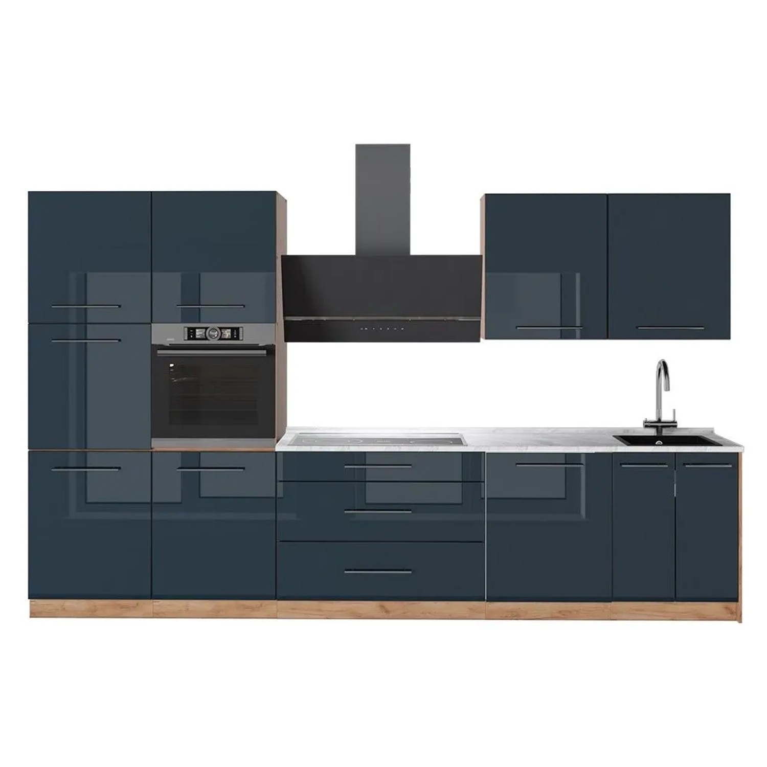 Vicco Küchenzeile Fame-Line Dunkelblau Hochglanz/Goldkraft Eiche 340 x 207 AP Marmor Art Nr 65757