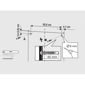 Montageplan für Jokey Spiegelschrank: Bohrpunkte, Maße 92,6 cm, 3,7 cm. Warnung vor Stromleitungen. Zeigt Wasserwaage, Bohrer.