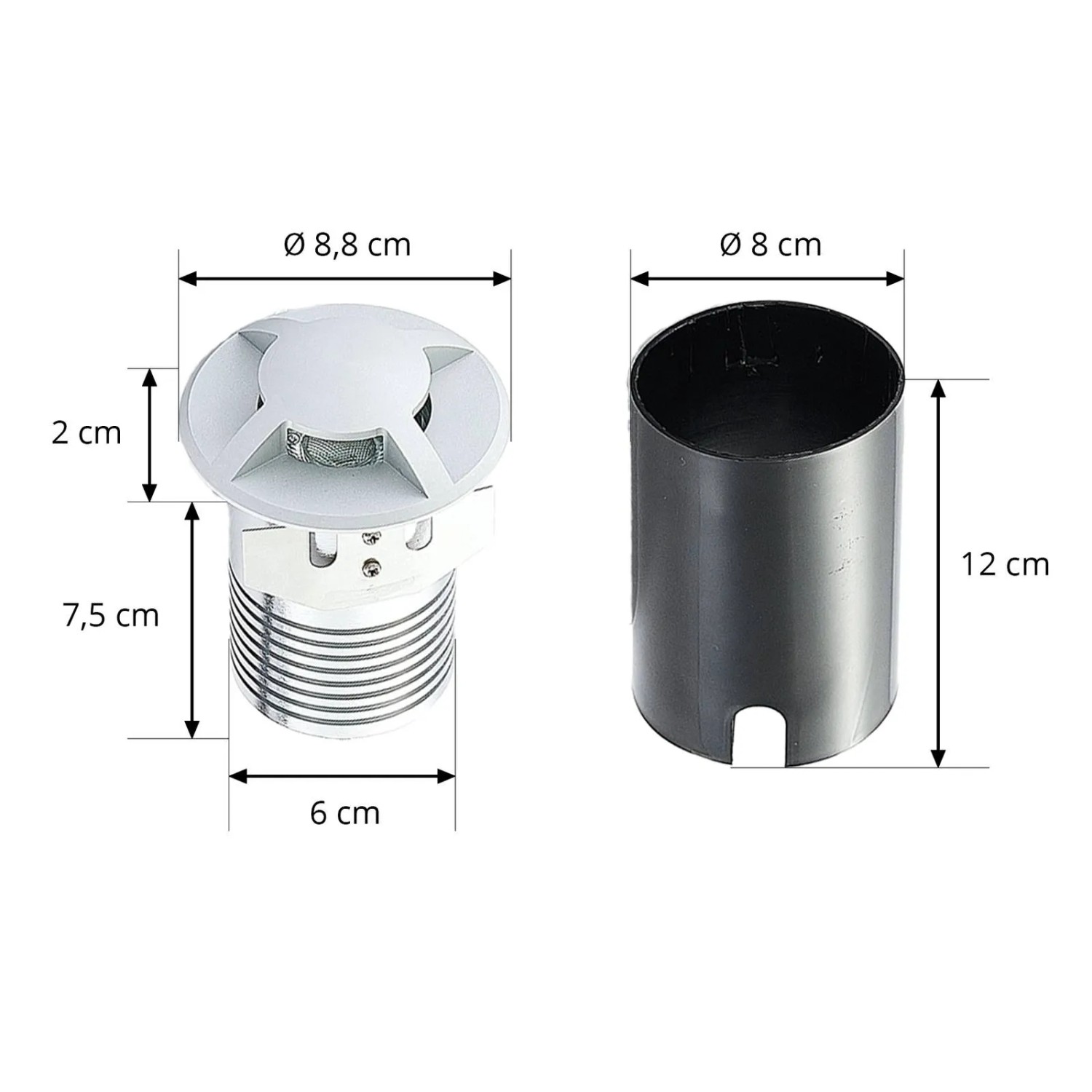 Lucande Milara Bodeneinbauleuchte aus Alu, wasserdicht, mit Maßen für Einbau im Garten.