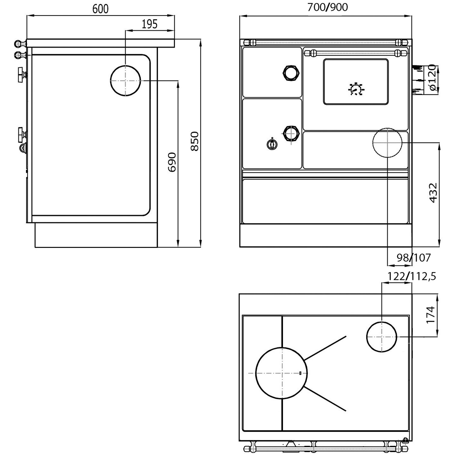 Technische Zeichnung Westminster Küchenherd K 176 F/A Schwarz, Maße und Anschlüsse rechts.