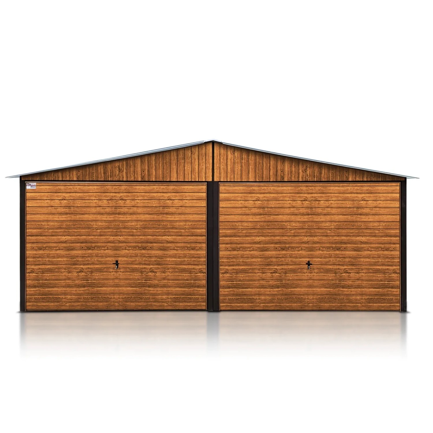 Liderstal Gerätehaus Premium aus Blech 600 x 500 cm Satteldach Holzoptik Goldene Eiche/Walnut