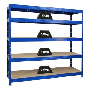 Blaues PROREGAL Schwerlastregal Rhino mit 5 Spanplatten-Ebenen und Gewichten.