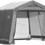 Graues Shelter Logic Metall-Gerätehaus, 9 m², mit offenem Eingang. Ideal als Geräteschuppen.