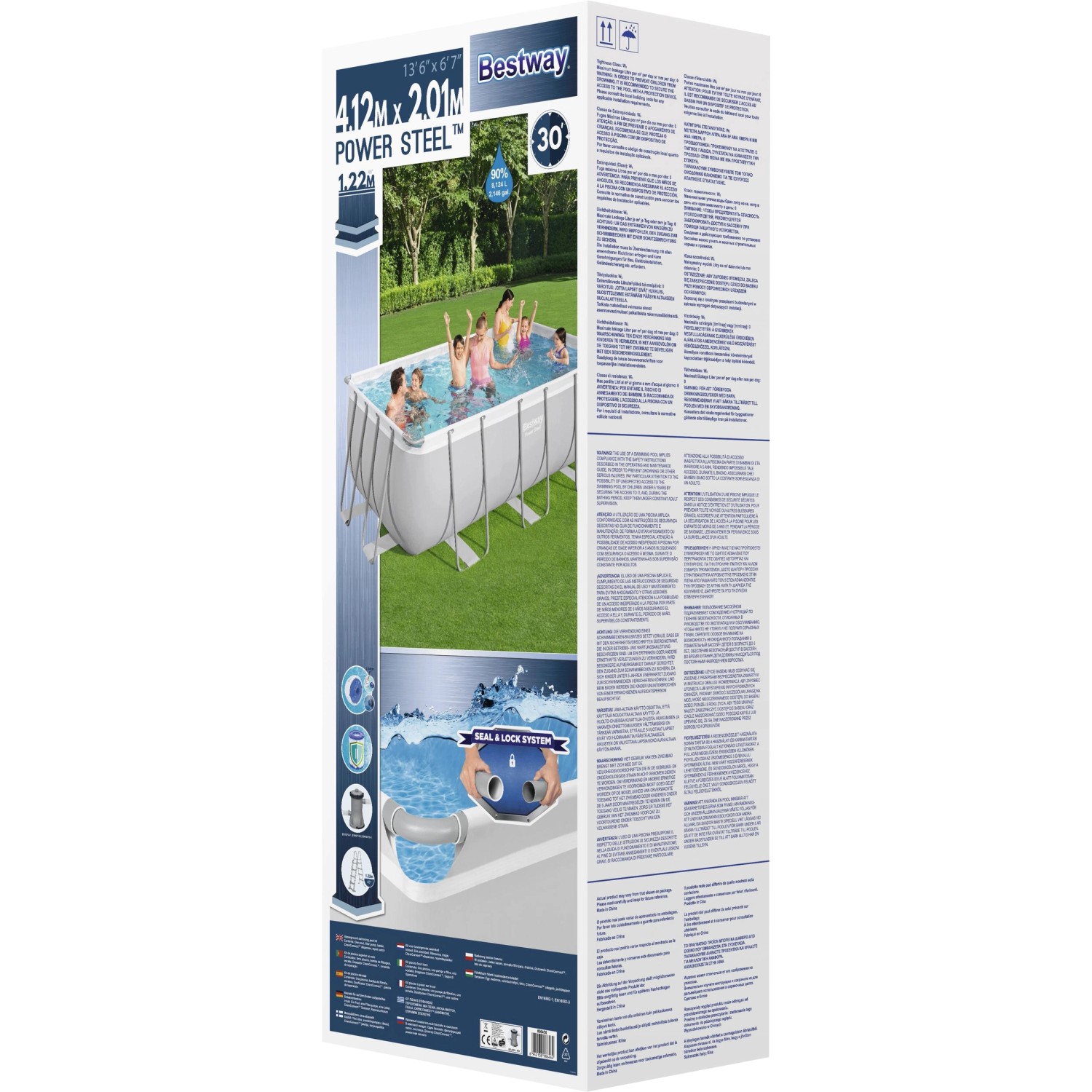 Verpackung des Bestway Frame Pool-Set Power Steel 412x201x122 cm, lichtgrauer eckiger Stahlrahmenpool.