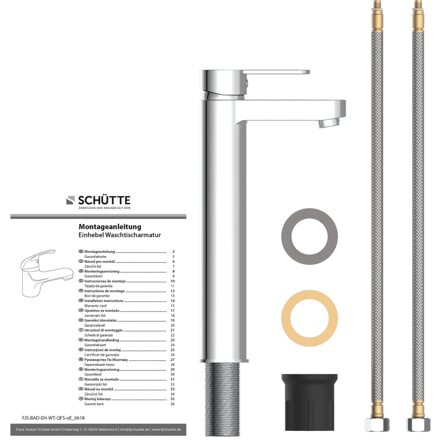 Schütte Waschtischarmatur Elephant Chrom für Aufsatzwaschbecken mit Zubehör und Montageanleitung.