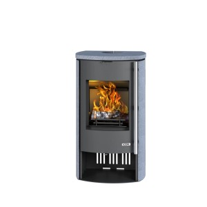 Accente Kaminofen Naturstein, 7 kW, mit Feuer im Brennraum. Kamin für gemütliche Wärme.