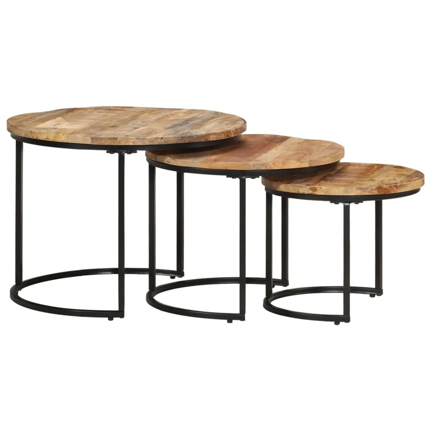 Drei runde Satztische aus Mangoholz mit natürlicher Maserung und schwarzen Metallgestellen, platzsparend ineinander geschoben.