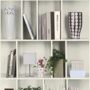 Tapete mit Bücherregal-Muster für Wohnzimmer & Büro. Weiße Vliestapete mit Regal Design.