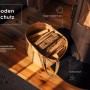 Schwarze Tulup Funkenschutzplatte aus Metall unter Kaminofen mit Holzkorb. Bodenschutz für Kamin & Ofen.
