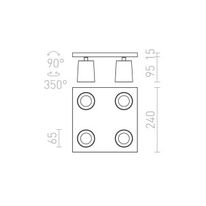 Technische Zeichnung der Rendl Deckenleuchte Kenny IV. Vier Spots aus gebürstetem Aluminium, 90° neigbar, 350° drehbar.