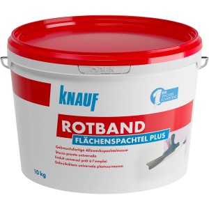 Knauf Rotband Flächenspachtel Plus, 10 kg, im weißen Eimer mit rotem Deckel.