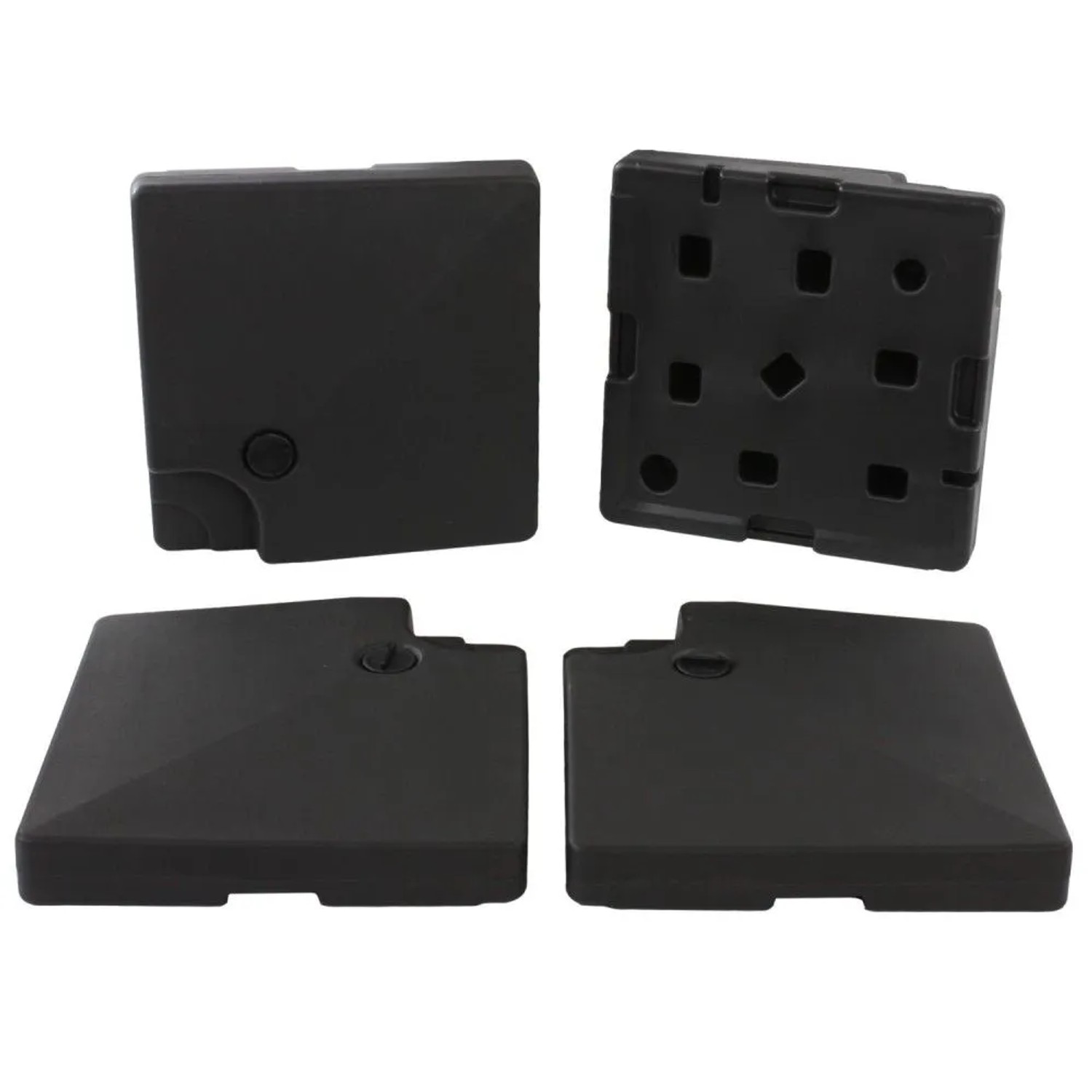 Vier schwarze, quadratische Basisgewichte für Ampelschirmständer. Robustes Kunststoffmaterial, ideal zur Stabilisierung.