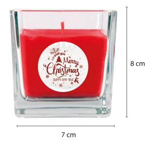 Rote Duftkerze im Glas mit Weihnachtsmotiv, 50h Brenndauer.