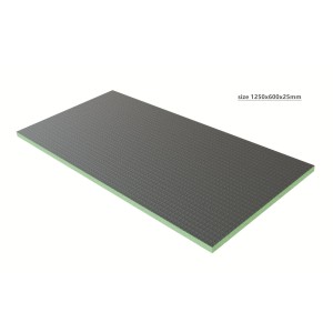 Dunkelgraue XPS Bauplatte 1250x600x25mm mit grüner Kante. Robuste Fliesen- und Dämmplatte für Bauanwendungen.