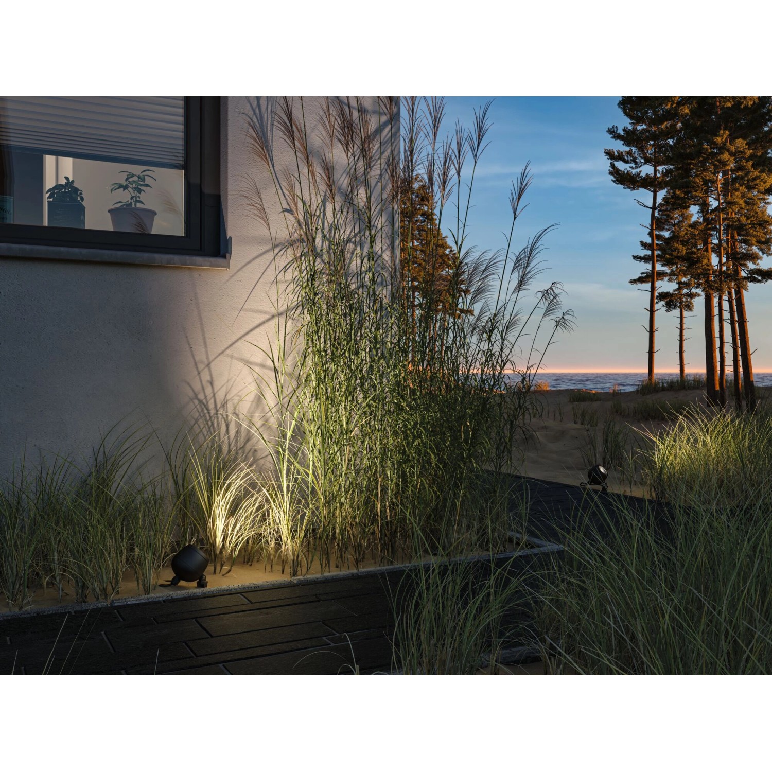 Paulmann LED-Gartenspot Kikolo, anthrazit, beleuchtet Pflanzen im Außenbereich mit RGBW-Farbwechsel.