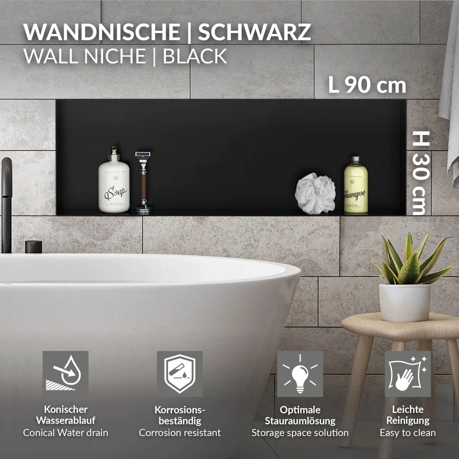 Schwarze LuxeBath Wandnische aus Edelstahl, 90x30x10 cm, als Duschregal im Badezimmer.