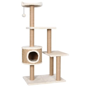 Beiger Katzenkratzbaum mit Höhle, Liegeflächen und Sisalstämmen für Krallenpflege.