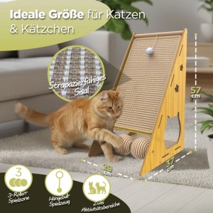 Petsation Kratzbrett: Katze spielt mit Sisal, Ball und Rollen. Vertikales Design, Holzrahmen.