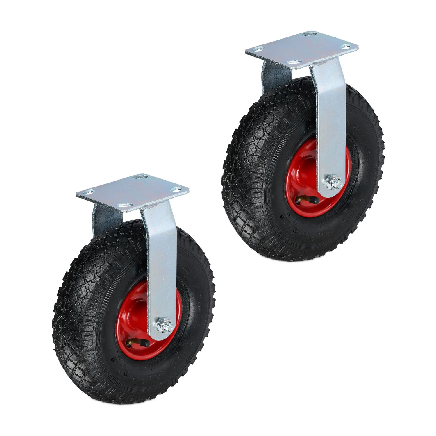 Relaxdays Bockrolle 2er Set Stahl Gummi Schwarz Rot Schwerlast Luftbereift 26 cm x 8,5 cm