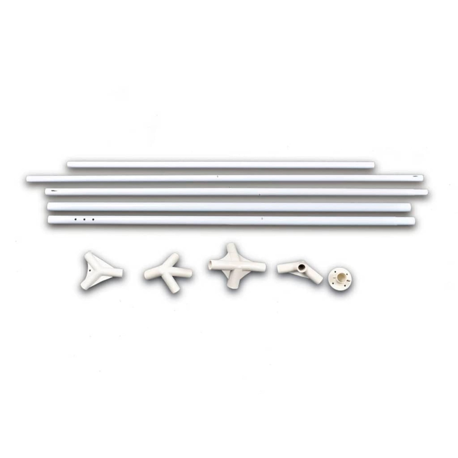 Einzelteile des weißen vidaXL Partyzelts 3x6 m, bestehend aus Stangen und Verbindungsstücken.