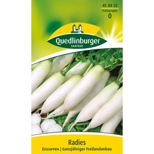 Quedlinburger Radieschen Eiszapfen Samen: Weiße, längliche Radieschen auf der Packung.
