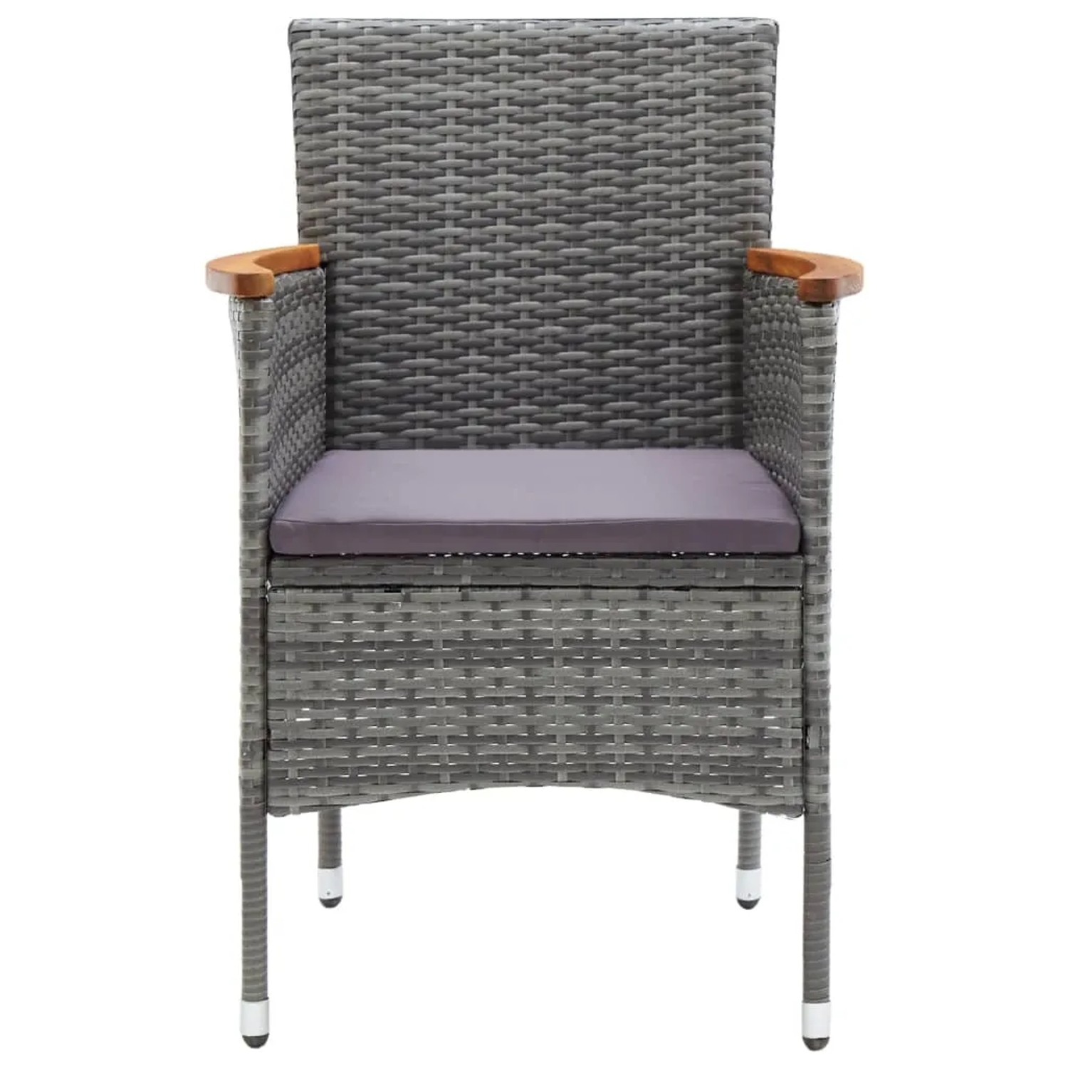 Grauer Rattan Gartenstuhl mit Akazienholz-Armlehnen und dunklem Sitzkissen, Teil des vidaXL Bistro-Sets.