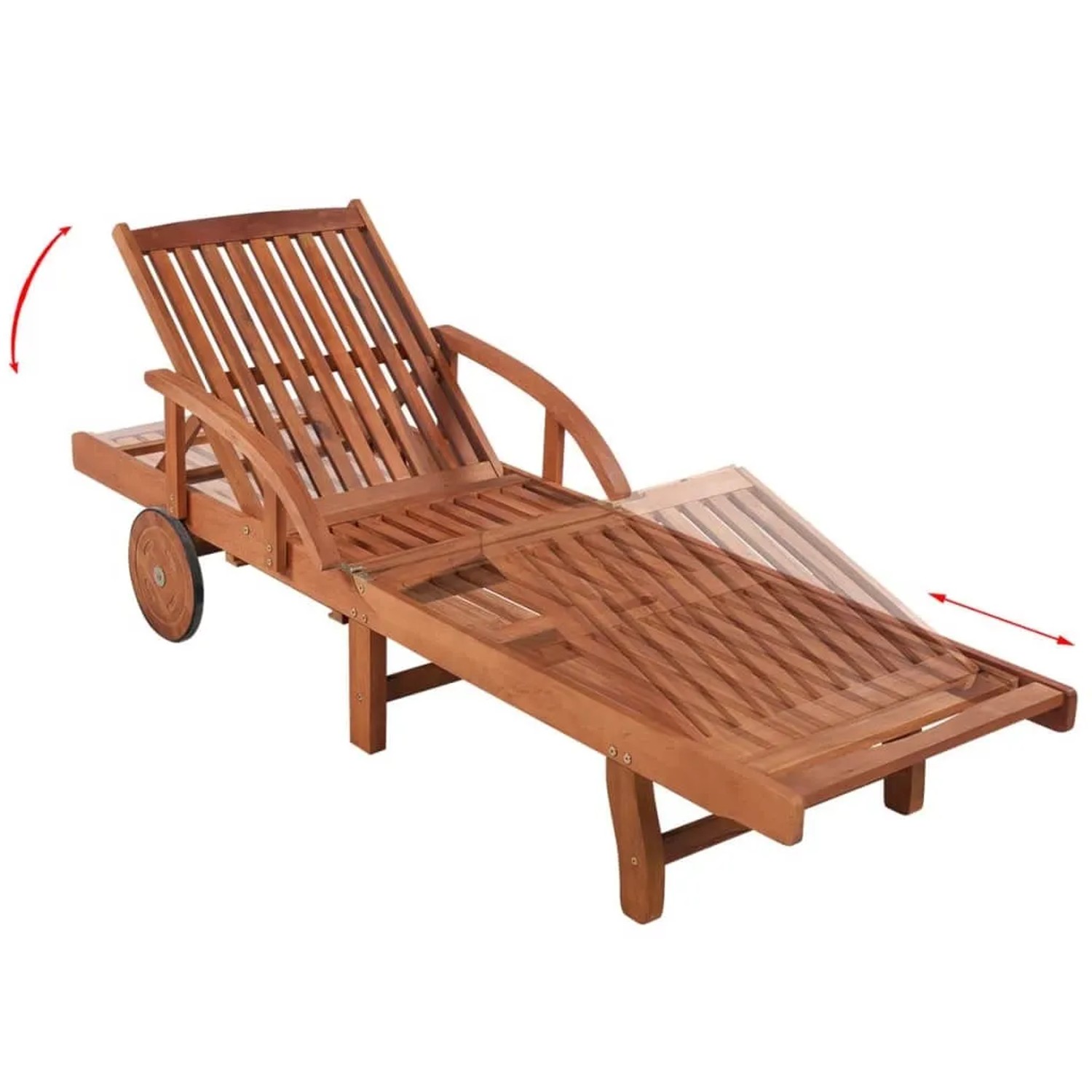 Sonnenliege aus Akazienholz mit verstellbarer Rückenlehne, Fußstütze und Tisch. Ideal für Garten und Terrasse.