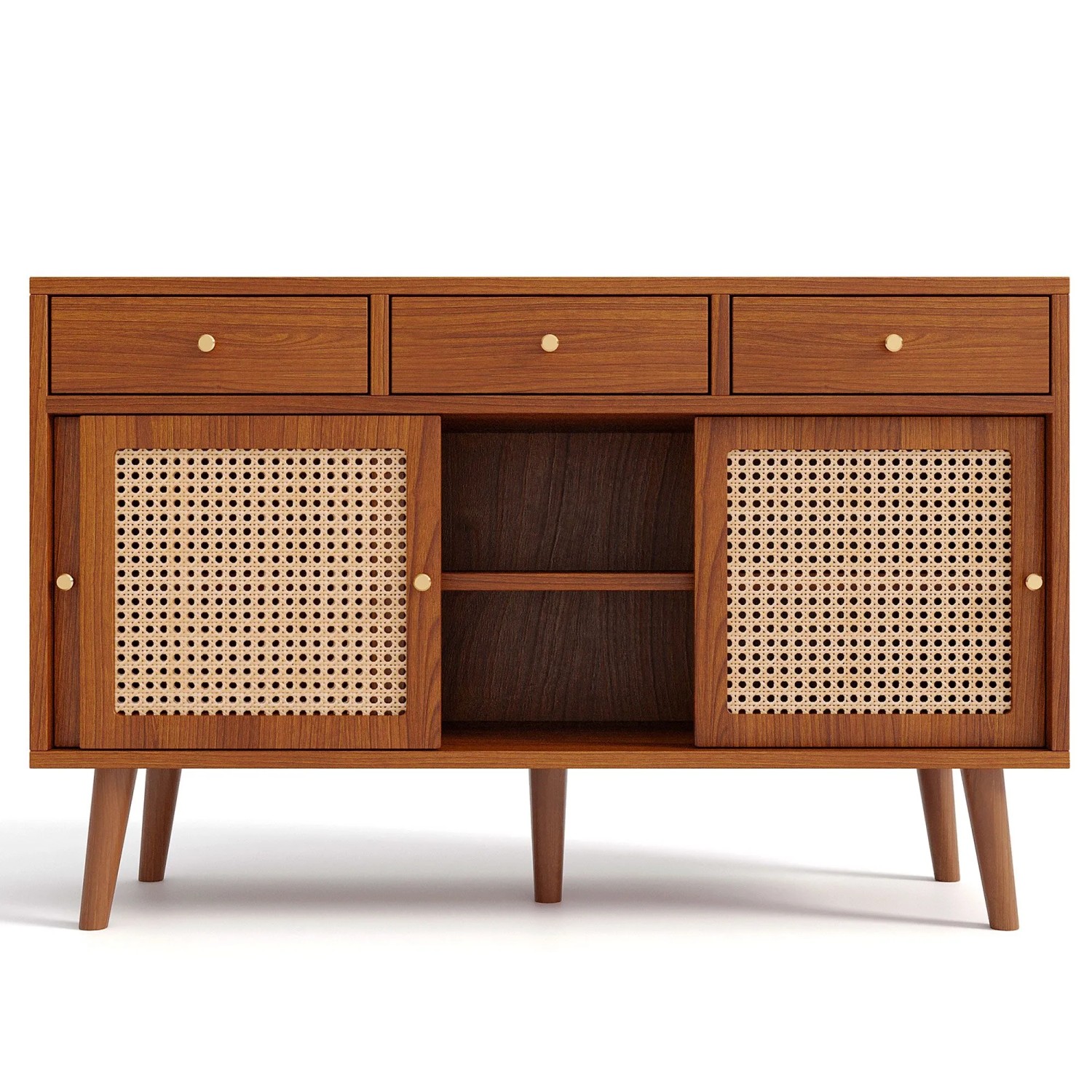 Merax Sideboard 120x40x78 cm Nussbaum Rattan 3 Schubladen 3 Schiebetüren_10