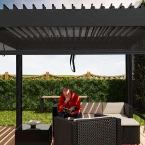 Anthrazitfarbene Juskys Pergola Lamellendach Tahiti 3 x 5,9 m im Garten mit Sitzgruppe.