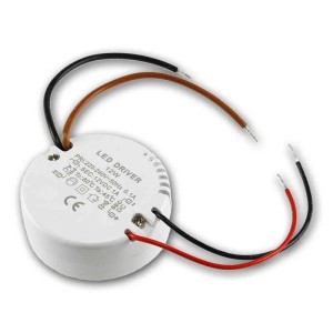 Runder, weißer 12W LED Transformator mit 12V DC Ausgang und Anschlusskabeln für Lampen & Leuchten.