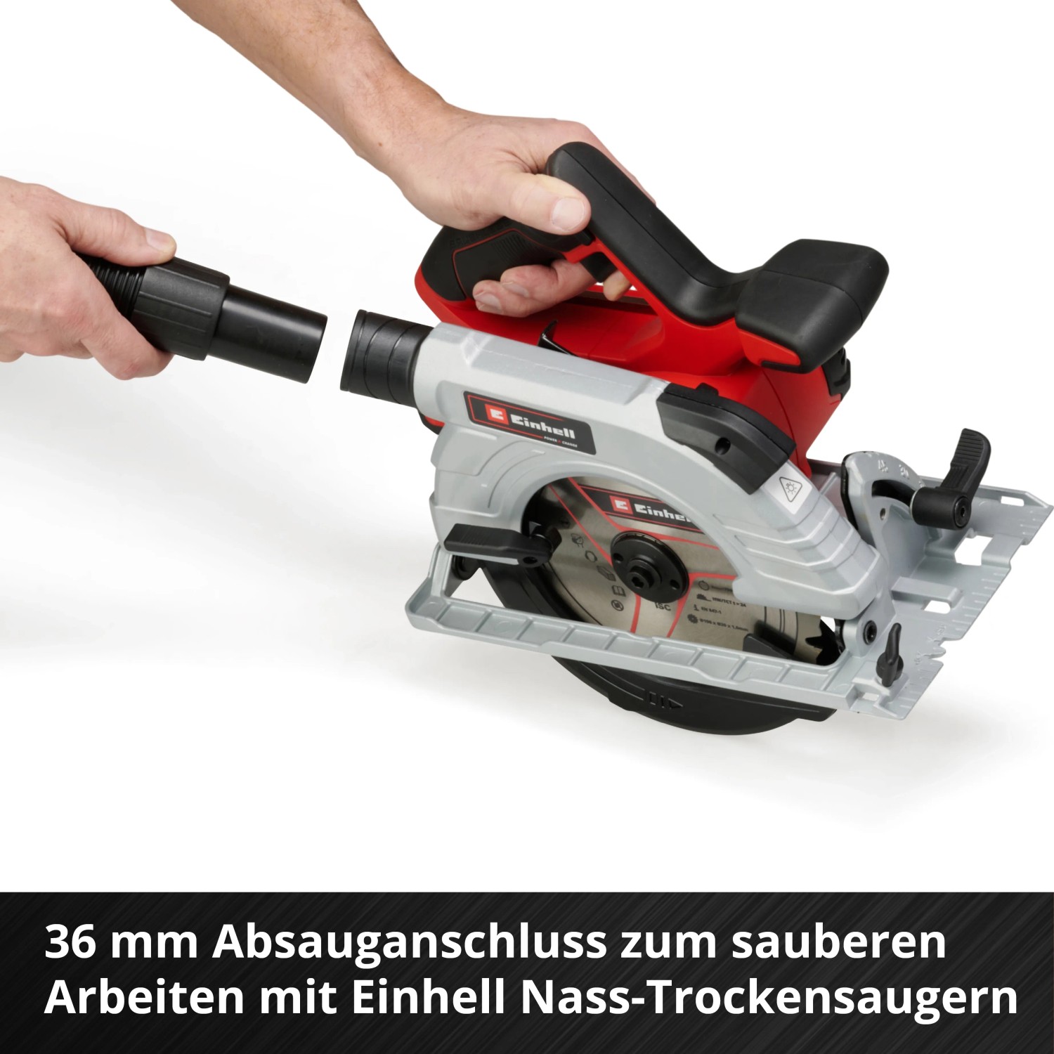 Einhell Akku-Handkreissäge TP-CS 18/190 mit Staubsaugeranschluss in Nutzung.