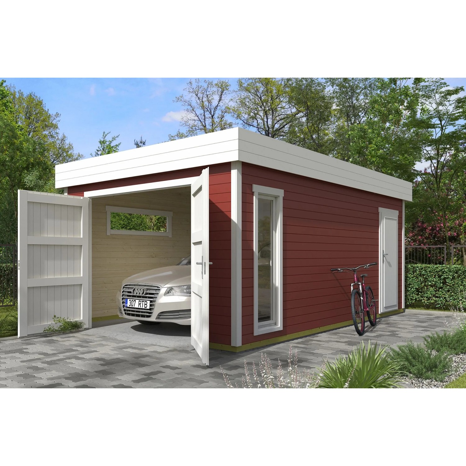 Lasita Garage Bahamas 2 mit Holztor 360 cm x 540 cm Schwedenrot