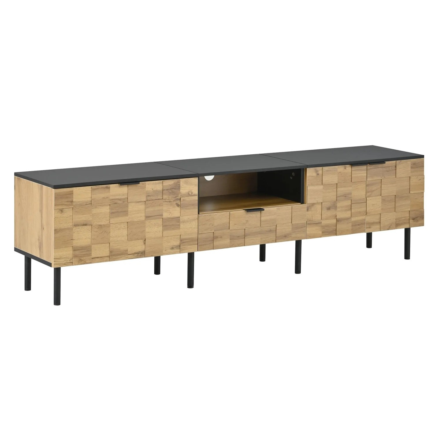 okwish TV Schrank Mosaik 2 Türen Schublade Offenes Fach Metallfüße 170x35x44.5cm Natur