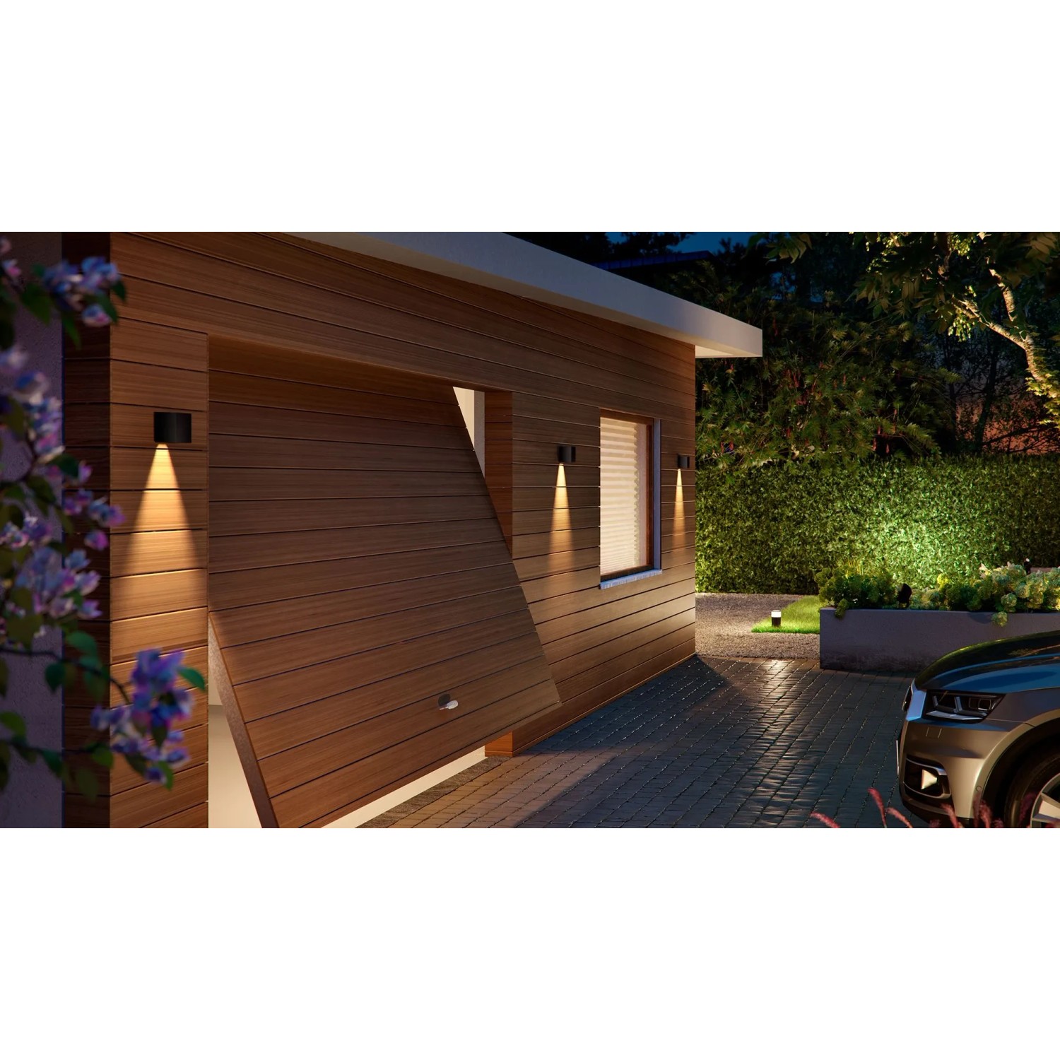 Philips Hue Resonate Außenleuchte, schwarze Wandleuchten strahlen warmweißes Licht nach unten auf eine Holzfassade.
