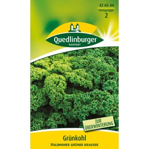 Samenpackung Quedlinburger Grünkohl 'Halbhoher grüner krauser' mit dunkelgrünen, krausen Blättern.