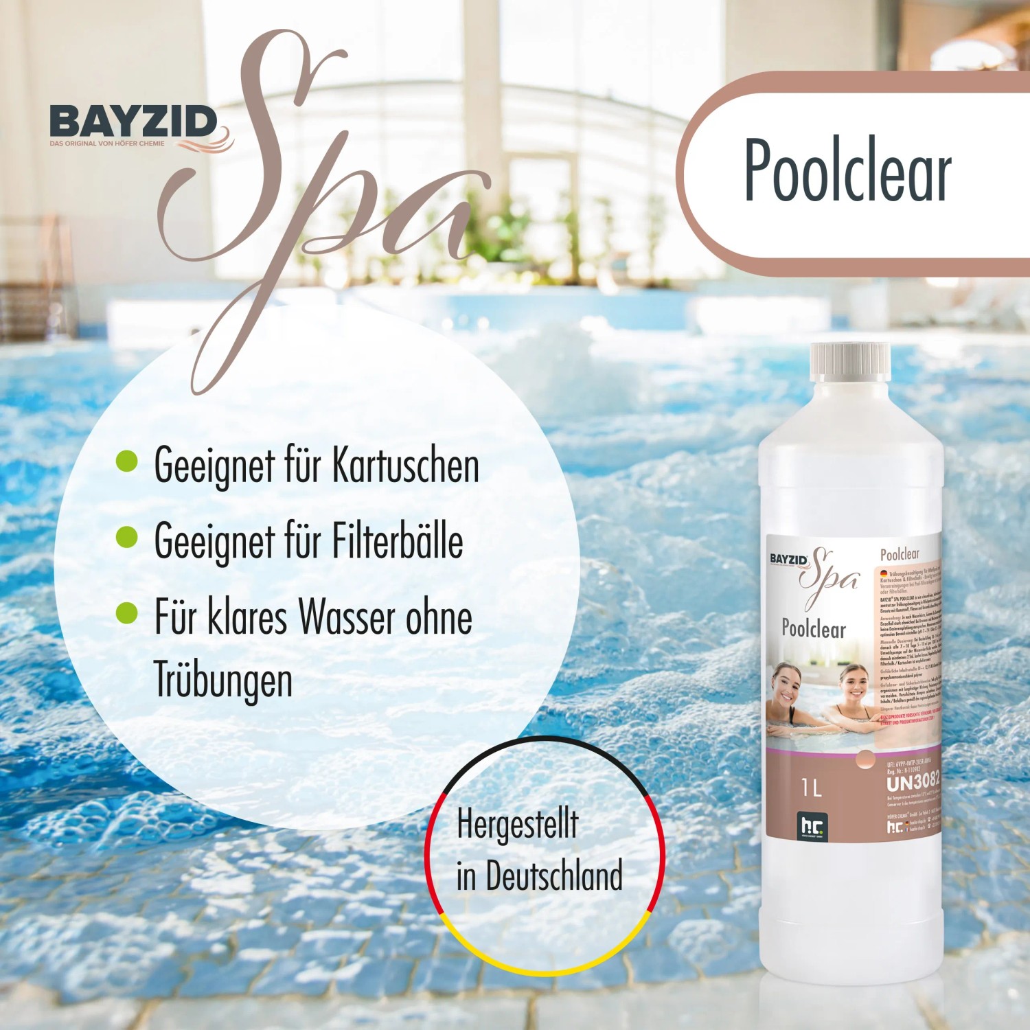 Bayzid Spa Poolclear Trübungsbeseitigung, 6 x 1l Flasche vor Pool. Für klares Wasser im Whirlpool.