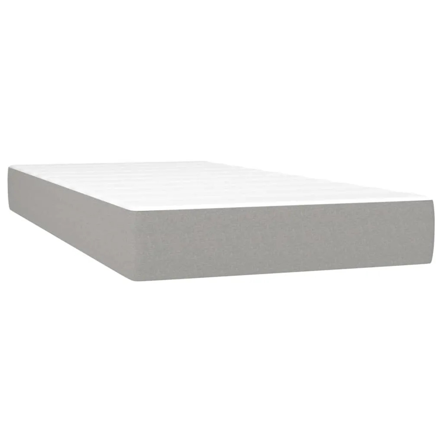 Hellgraues Boxspringbett 90x190 cm mit weißer Matratze und Topper.