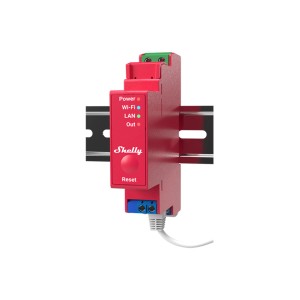 Rotes Shelly Relaismodul Pro 1PM mit LAN, WLAN & Bluetooth Konnektivität für die Hausautomation.