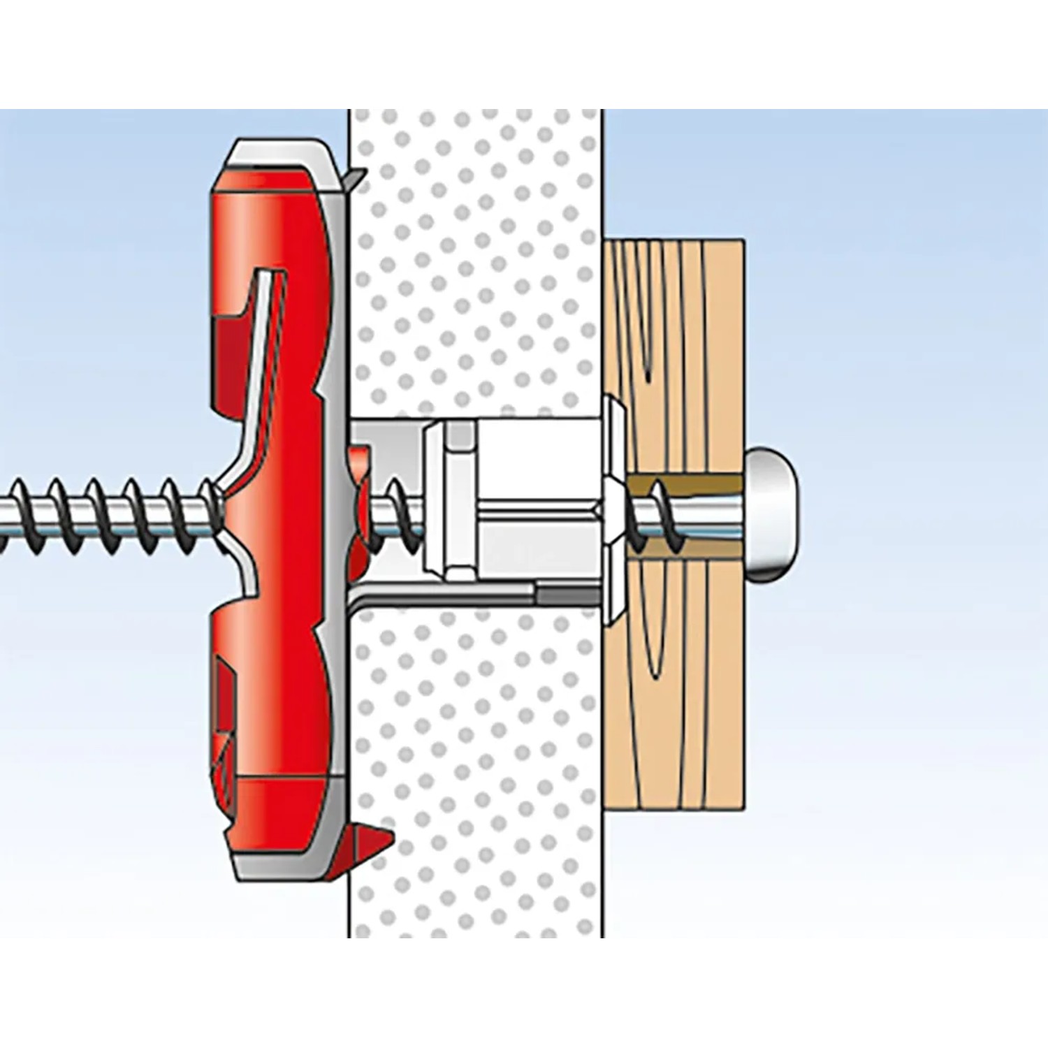 Illustration: Fischer Duotec Kippdübel (10 Stück) in Wand mit Schraube. Dübel für Hohlräume und Vollmaterialien.