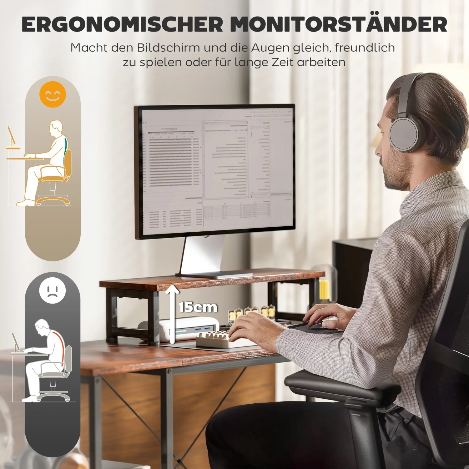 HOMCOM L-förmiger Schreibtisch, rustikal-braun, mit Monitorständer und Stauraum.