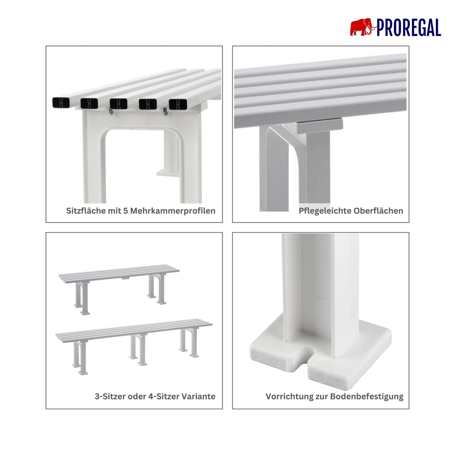 Detailansichten der PROREGAL Gartenbank Kuba, 3-Sitzer, aus blauem, UV-beständigem Kunststoff. Sitzfläche, Oberfläche, Bodenbefestigung.