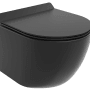 Schwarzes, randloses Wand-WC ROLO mit Soft-Close Duroplast-Sitz. Modernes WC-Set für Ihr Bad.