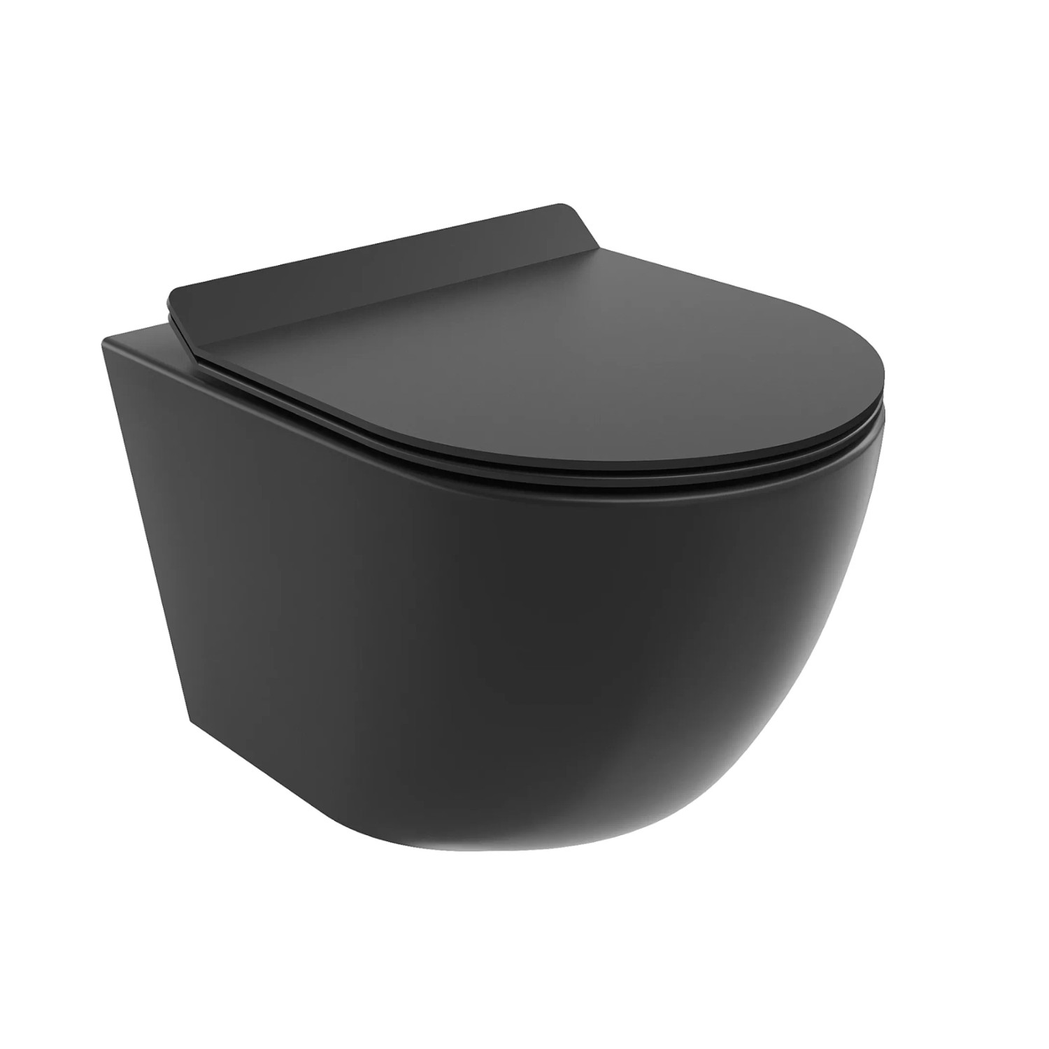 Schwarzes, randloses Wand-WC ROLO mit Soft-Close Duroplast-Sitz. Modernes WC-Set für Ihr Bad.