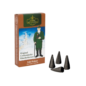 Crottendorfer Räucherkerzen Edel-Kakao 27mm, 24er-Pack. Braune Box mit Wintermotiv und dunklen Duftkegeln für Weihnachten.