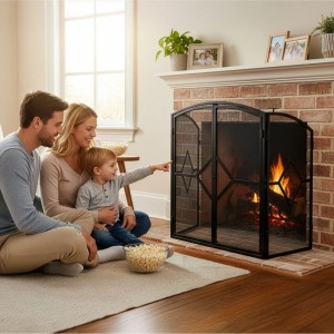 Relaxdays Funkenschutzgitter Eisen Schwarz 3-teilig mit Tür 80 cm x 197 cm 6 kg