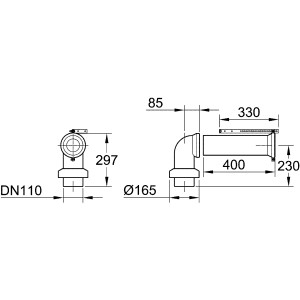 Technische Zeichnung: Grohe WC-Ablaufbogen, horizontal und vertikal montierbar, mit Maßangaben.